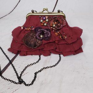 Mary Frances Sling Purse Burgandy Beaded Roses